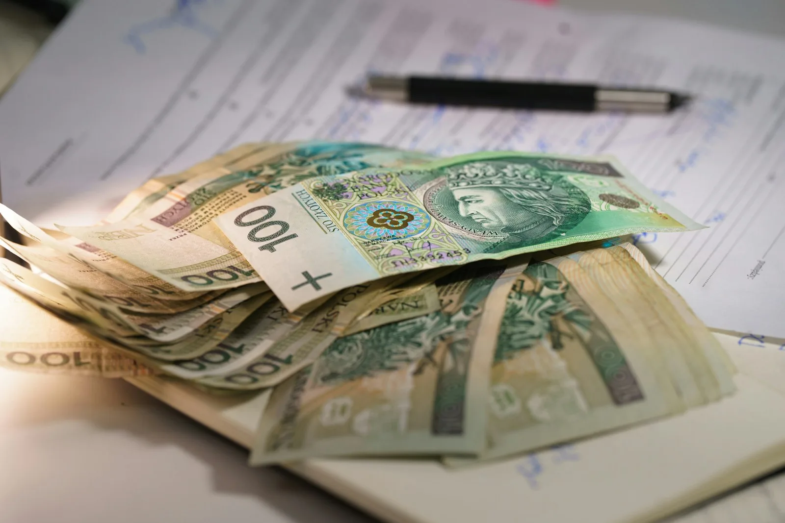 Plik polskich banknotów leży na dokumentach